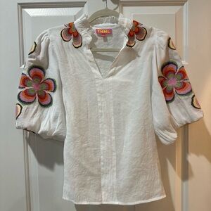 THML White Top with Colorful Floral Embroidery